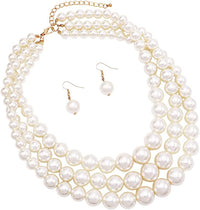 Multi Strand Simulated Pearl Necklace and Earrings Jewelry Set (Cream)