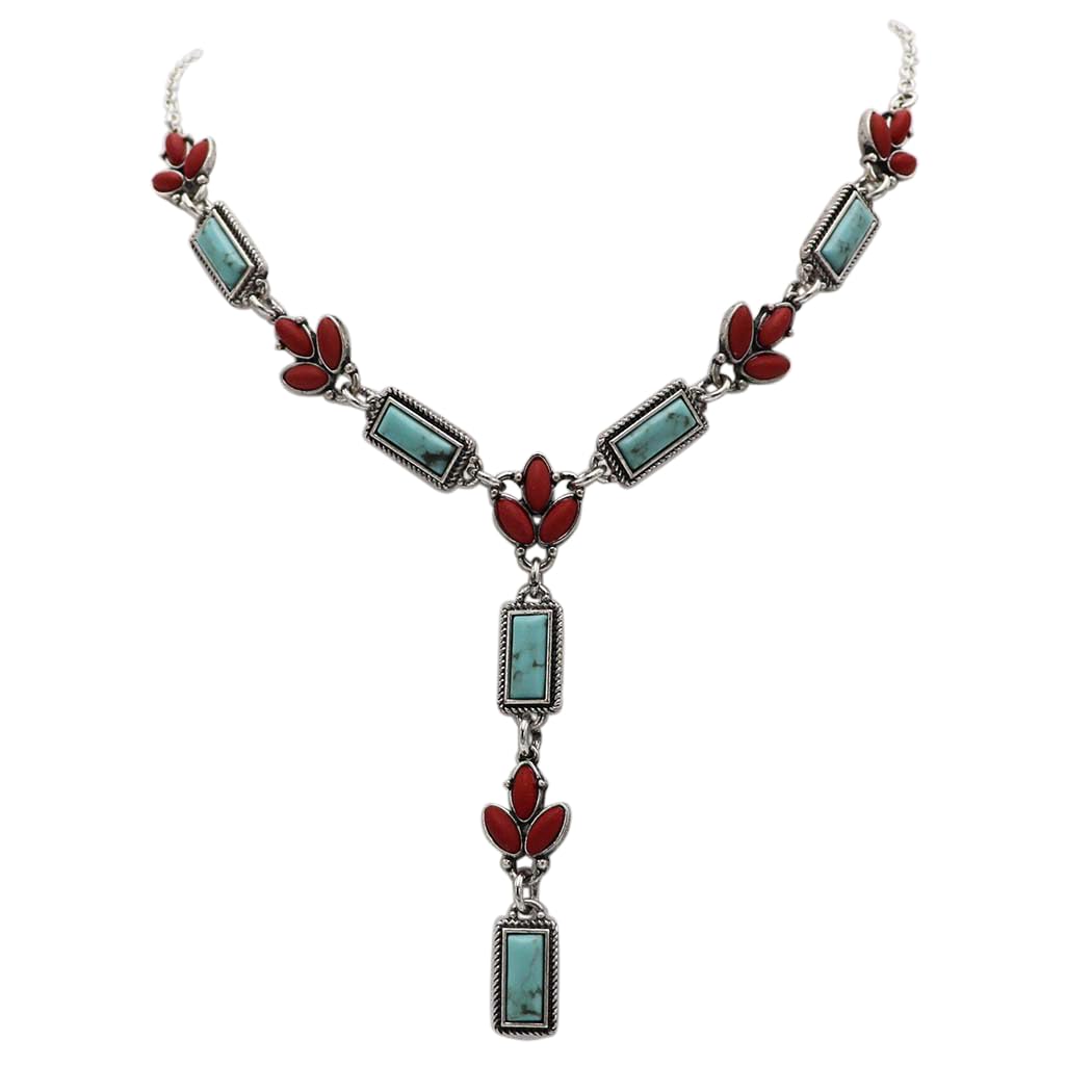 Western Y-Drop Necklace, Turquoise Howlite and Coral Red Stones, 18"+3" Extender, Silver