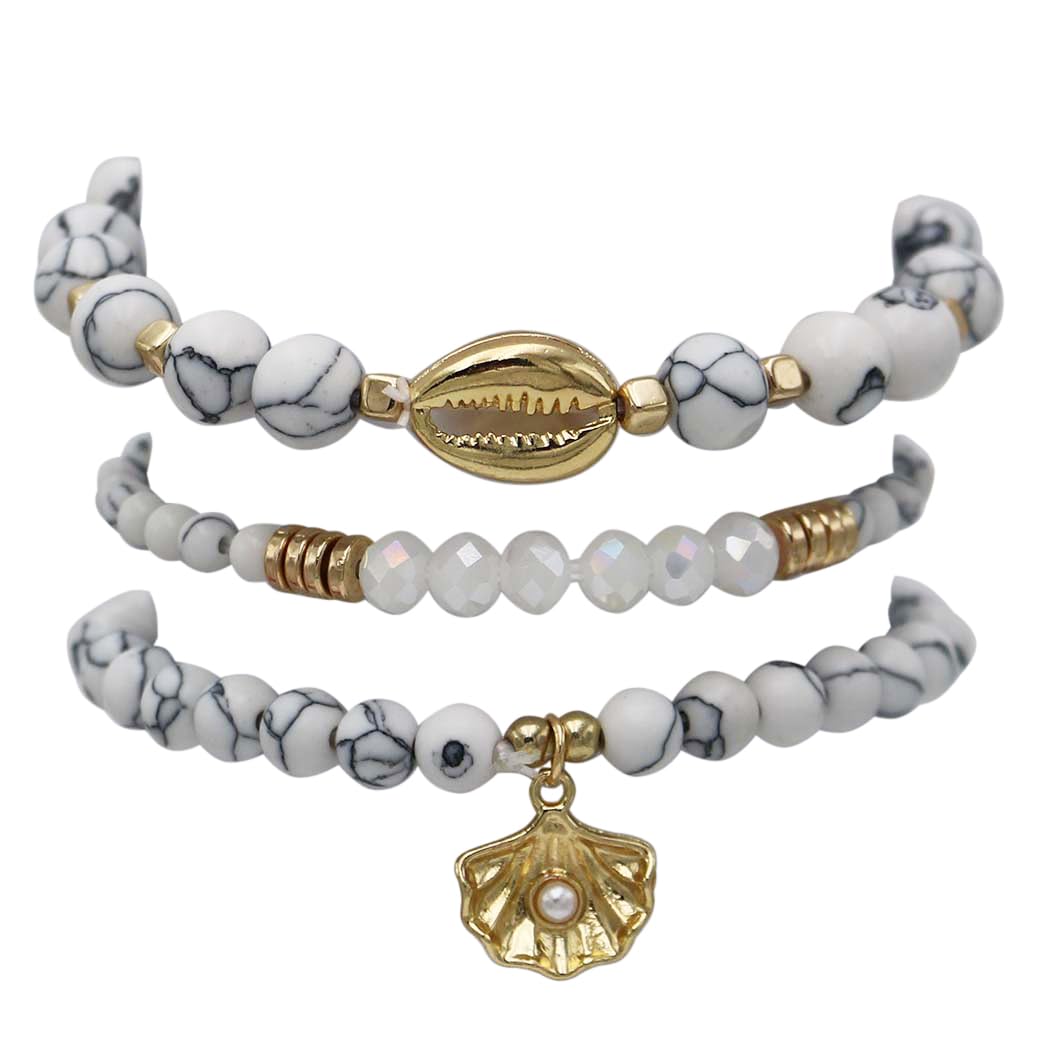 White Marble Howlite Beaded Bracelet Set, Gold Tone Sea Shells, Stretch Style, Size 6-7 (For Small Wrists)