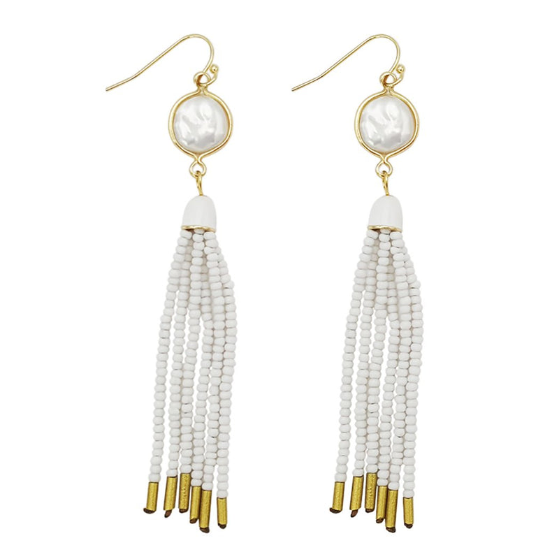 Stunning Seed Bead Tassel Dangle Earrings (Natural Mother Of Pearl Gold White Fish Hook, 3.5)