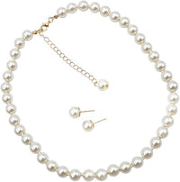 Classic Knotted Glass 10mm Pearl Necklace Strand And Hypoallergenic Post Earrings Set, 18"+3" Extender (Cream Gold Tone 18"-21" 10mm)