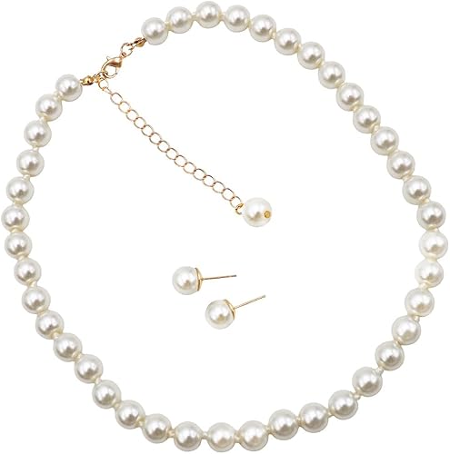 Classic Knotted Glass 10mm Pearl Necklace Strand And Hypoallergenic Post Earrings Set, 18"+3" Extender (Cream Gold Tone 18"-21" 10mm)