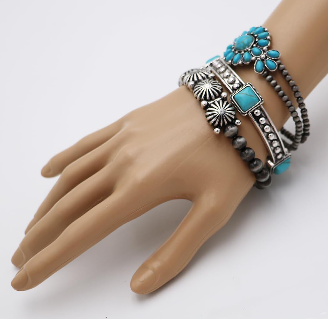 Western Stretch Bracelet Navajo Pearl Beads with Turquoise Howlite Silver Tone Set of 3