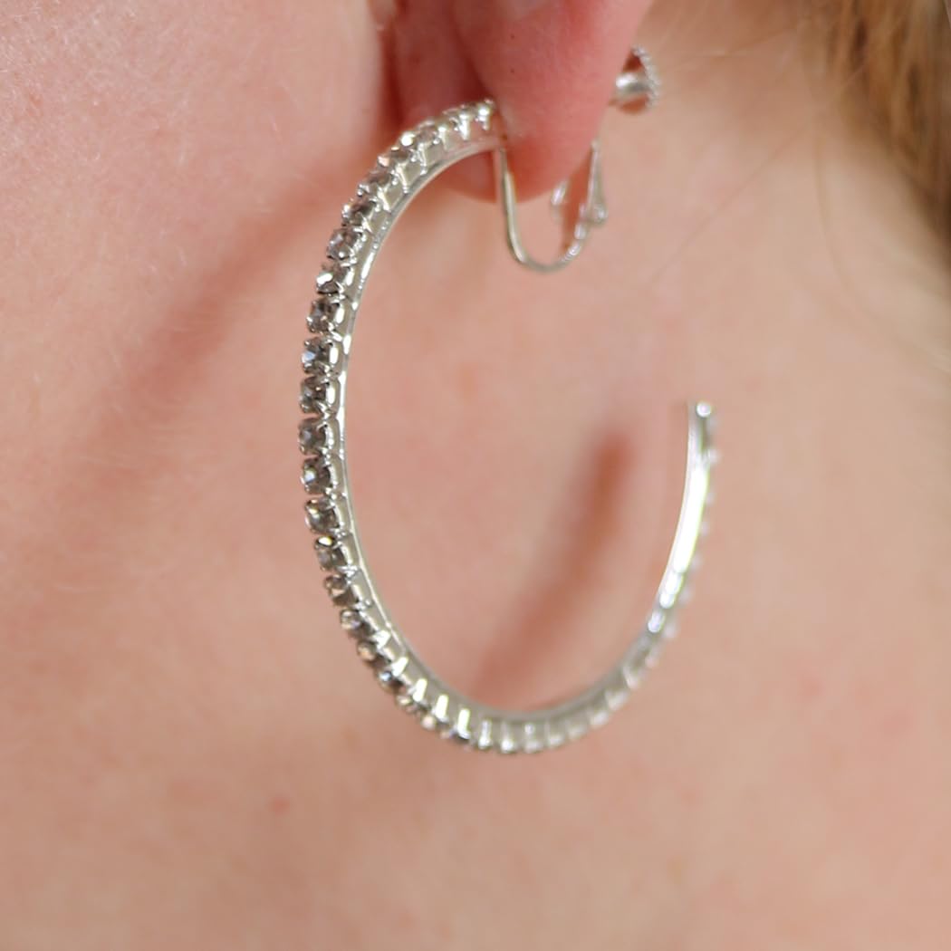 Chic Rhinesone Hoop Adjustable Clip On Earrings, 1.75" (Silver Tone 45mm)