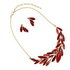 Stunning Textured Chevron Leaves Enamel Lucite With Marquis Crystal Rhinestones Necklace Earrings Polished Gold Tone Bridal Set, 13"+3" Extension (Reds)