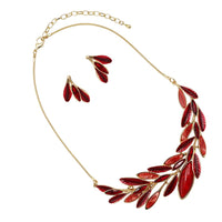 Stunning Textured Chevron Leaves Enamel Lucite With Marquis Crystal Rhinestones Necklace Earrings Polished Gold Tone Bridal Set, 13"+3" Extension (Reds)