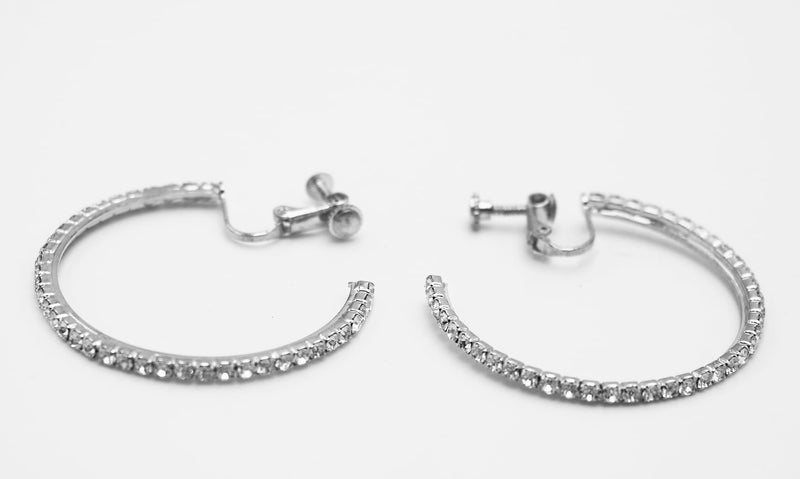 Chic Rhinesone Hoop Adjustable Clip On Earrings, 1.75" (Silver Tone 45mm)