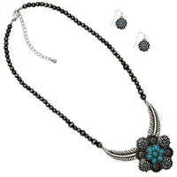 Western Necklace and Earring Set, Metallic Pearl Beads, Flower And Feather Design With Turquoise Howlite Stones