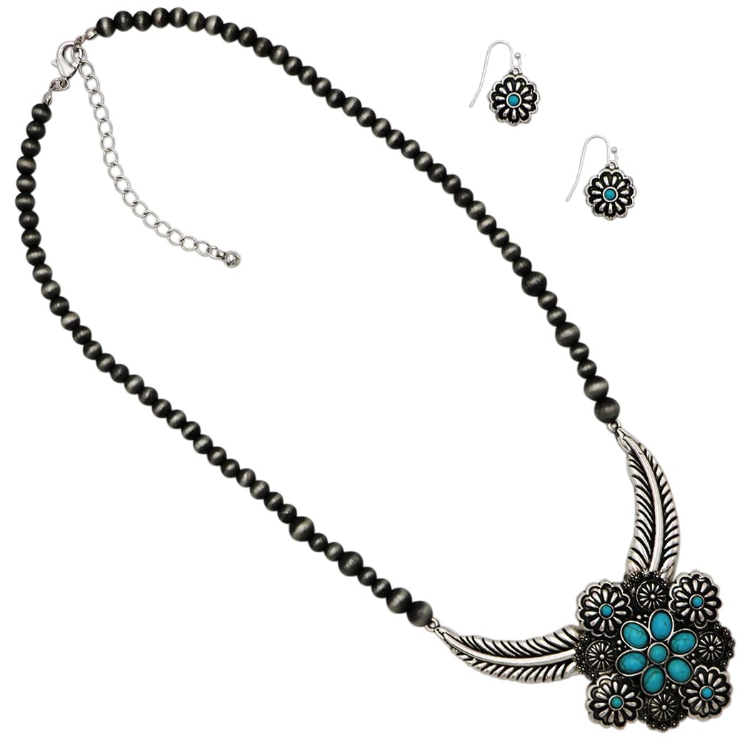 Western Necklace and Earring Set, Metallic Pearl Beads, Flower And Feather Design With Turquoise Howlite Stones
