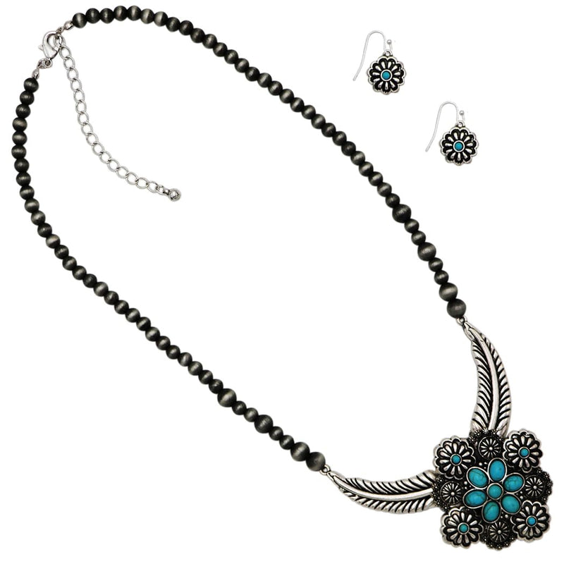 Western Necklace and Earring Set, Metallic Pearl Beads, Flower And Feather Design With Turquoise Howlite Stones
