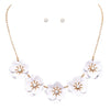 Colorful Powder Coated Flower With Crystal Rhinestone Center Collar Necklace Earrings Set, 15"+3" Extender (5 Flower White)