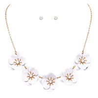 Colorful Powder Coated Flower With Crystal Rhinestone Center Collar Necklace Earrings Set, 15"+3" Extender (5 Flower White)
