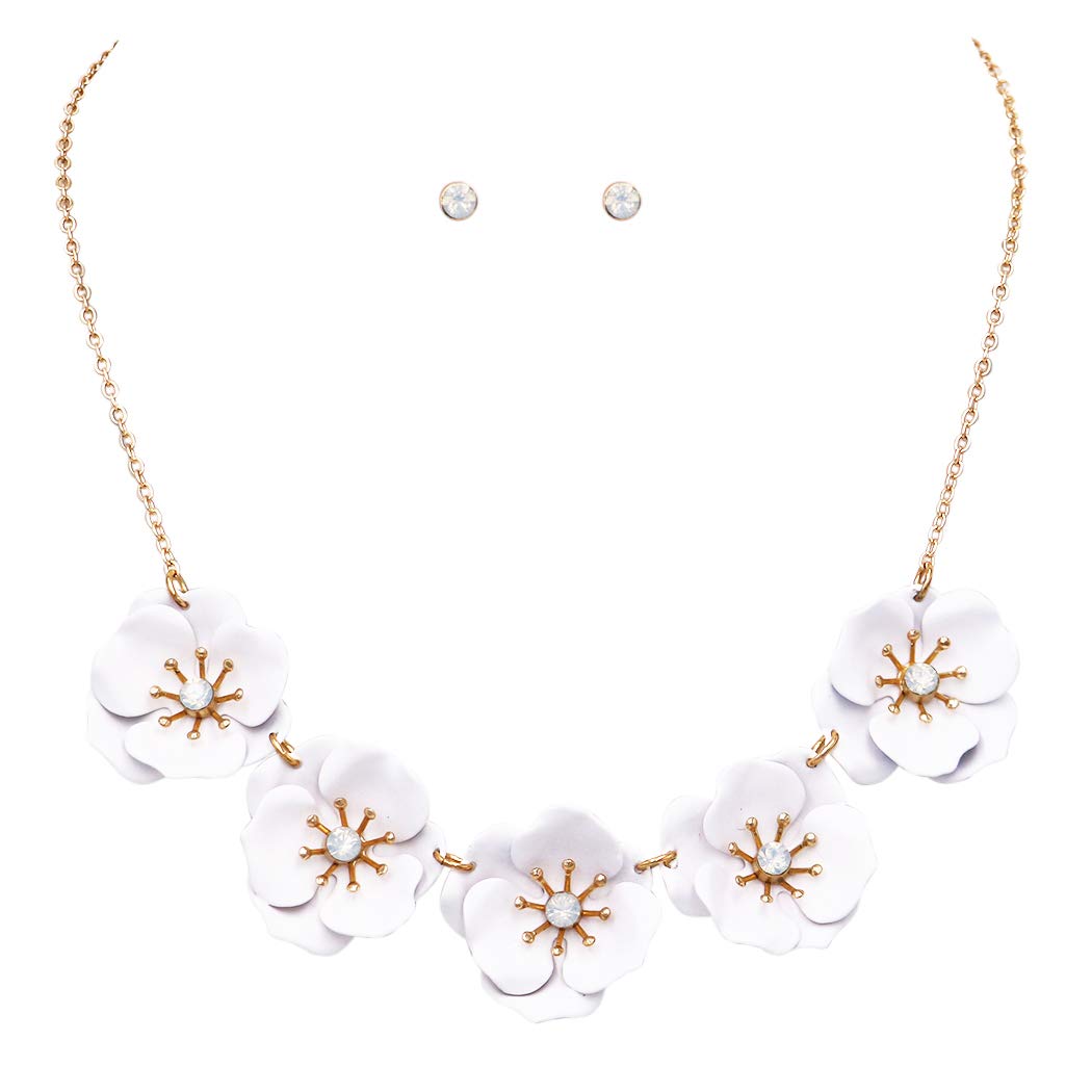 Colorful Powder Coated Flower With Crystal Rhinestone Center Collar Necklace Earrings Set, 15"+3" Extender (5 Flower White)