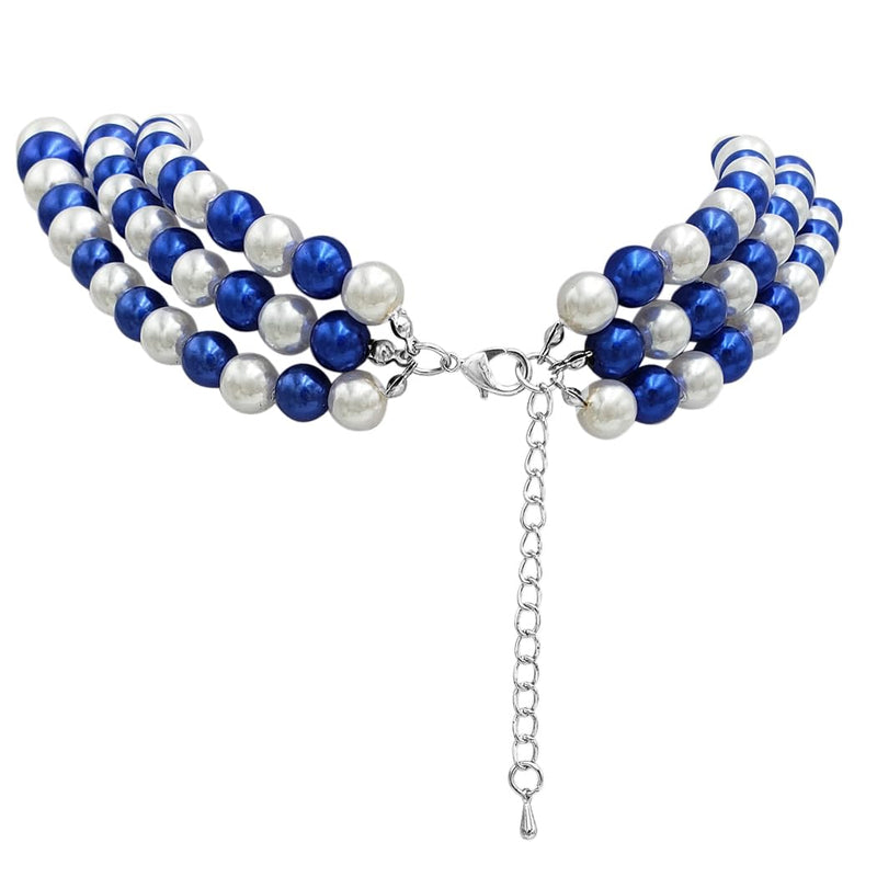 3 Colorful Multi Strands Simulated Pearl Necklace And Earrings Jewelry Gift Set, 18"+3" Extender (Blue White Mix Silver Tone)