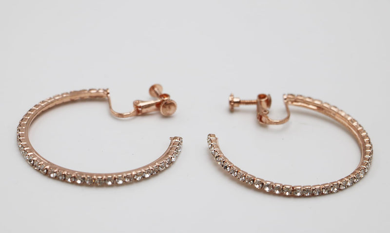 Chic Rhinesone Hoop Adjustable Clip On Earrings, 1.75" (Light Rose Gold 45mm)