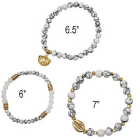 White Marble Howlite Beaded Bracelet Set, Gold Tone Sea Shells, Stretch Style, Size 6-7 (For Small Wrists)