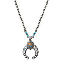 Women's Cowgirl Chic AB Crystal Rhinestones And Turquoise Blue Howlite Stone Squash Blossom Western Pieces (Pendant On Navajo Pearl Strand Necklace,18"+3" Extension)