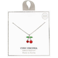 Cherry Pendant Necklace, Silver-Dipped Cubic Zirconia with Red Crystal Cherries, Green Crystal Leaves, Tarnish Resistant, 16 Inch With 2.5 Inch Extender