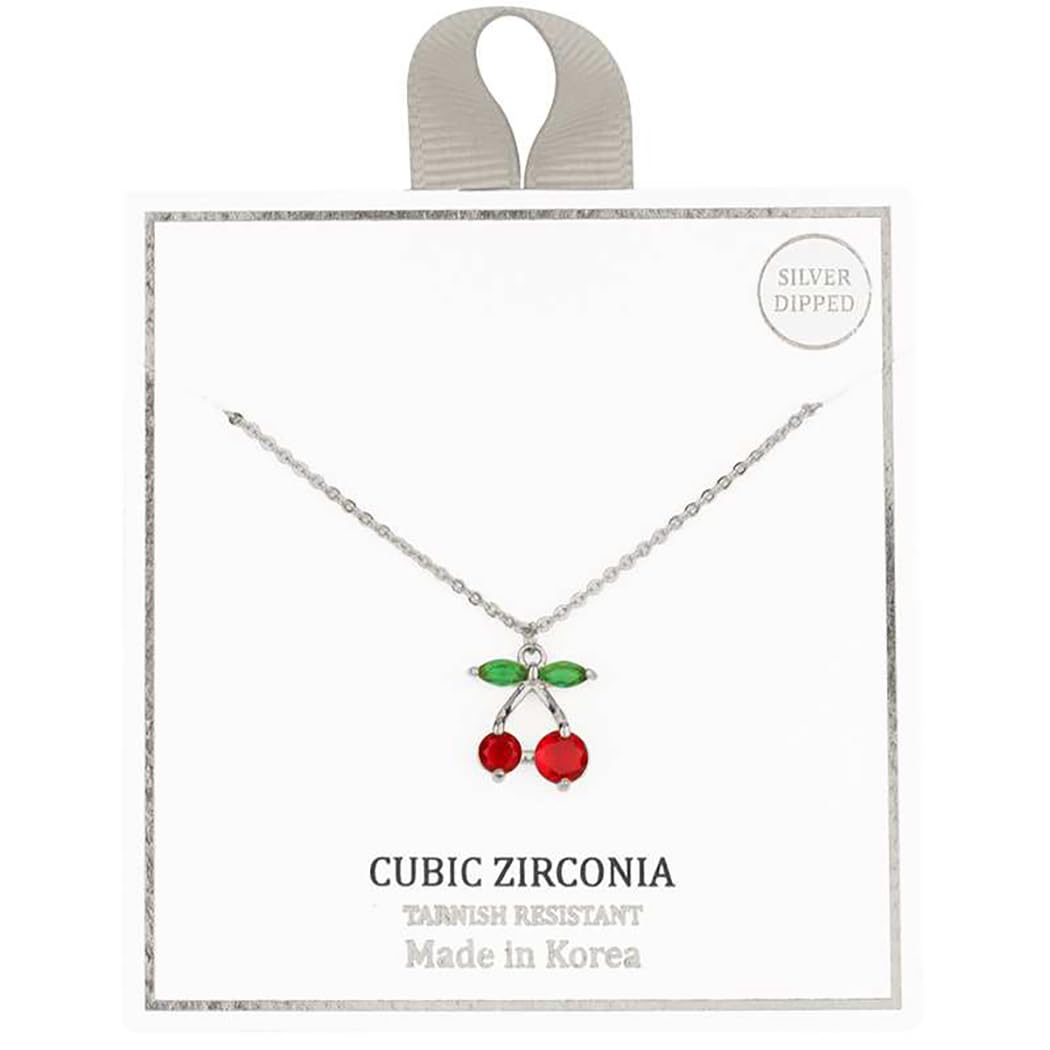 Cherry Pendant Necklace, Silver-Dipped Cubic Zirconia with Red Crystal Cherries, Green Crystal Leaves, Tarnish Resistant, 16 Inch With 2.5 Inch Extender