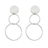 Stylish Geometric Disc Contemporary Dangling Hoop Post Back Earrings, 2.25" (Disc With Double Circle, 2.25" Silver Tone)