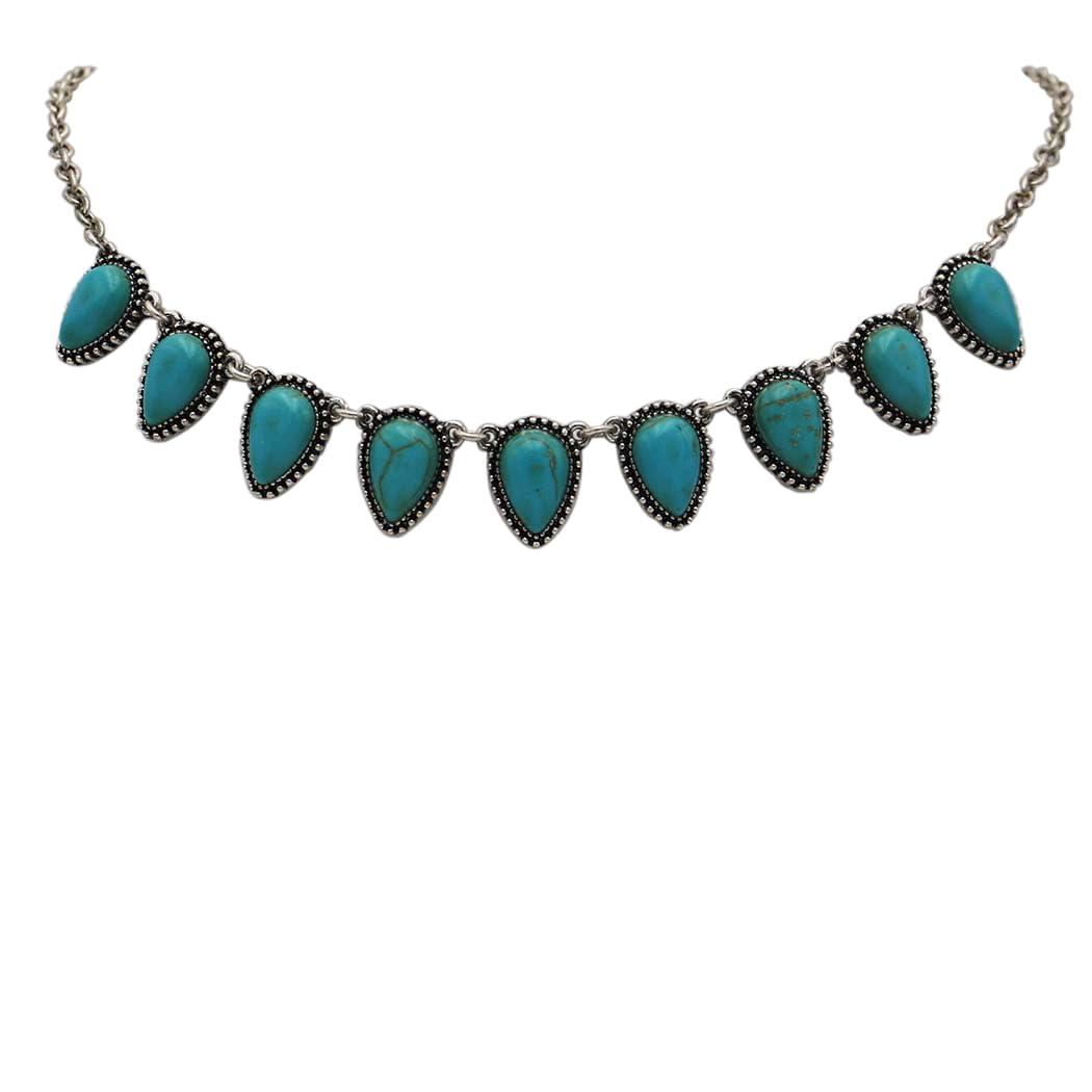 Western Style Statement Choker Necklace, Turquoise Blue Howlite Teardrop Stones, Burnished Silver Tone