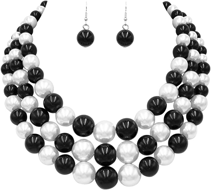 Multi Strand Simulated Pearl Necklace and Earrings Jewelry Set, 18"+3" Extender (Black & White Pearl Mix Silver tone)