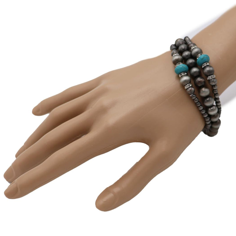 Set of 3 Western Metallic Bead And Howlite Stone With Crystal Detail Stretch Bracelets 6.75" (Silver Burnished Turquoise)