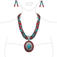 Cowgirl Chic Statement Burnished Silver Howlite Concho Pendant On Multi Strand Western Metallic Pearl Necklace Earrings Set, 20"+3" Extender