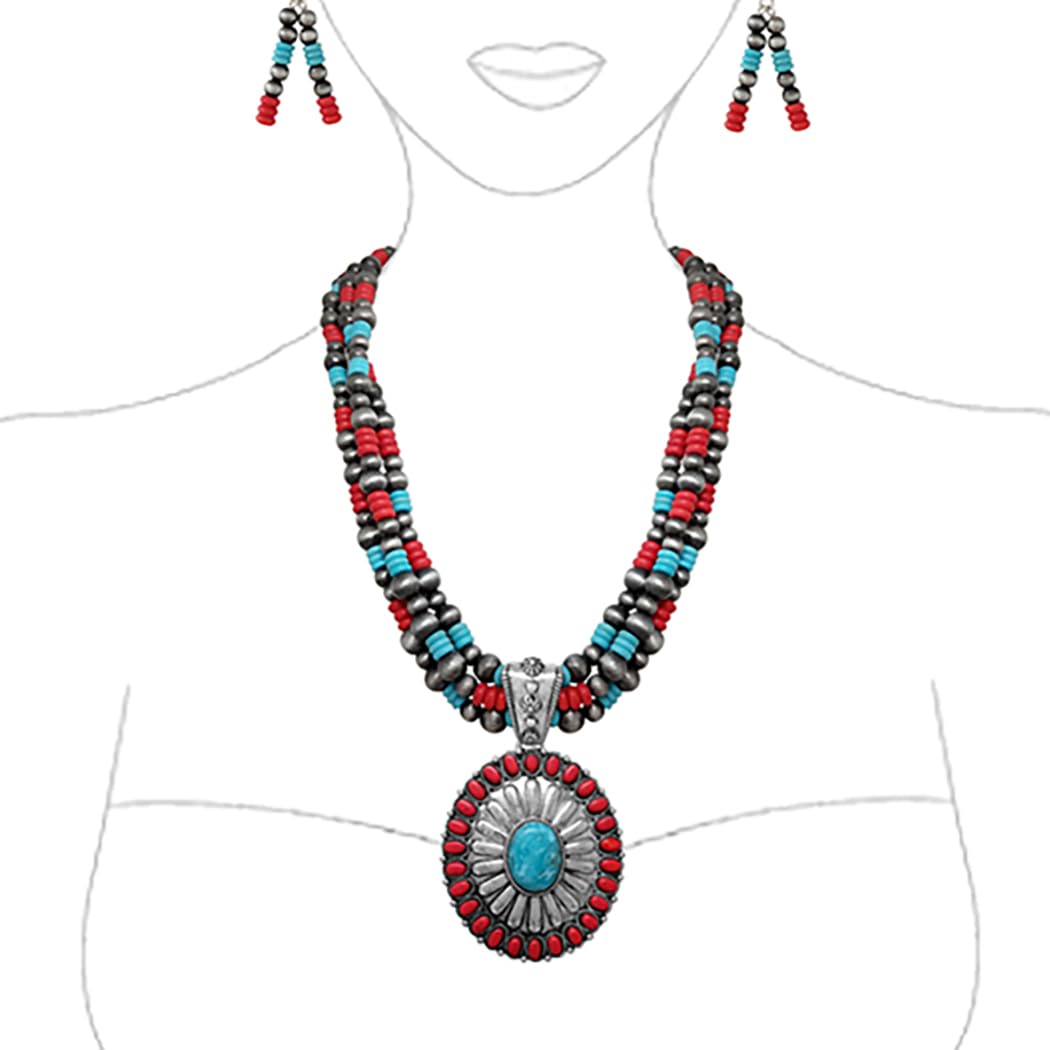 Cowgirl Chic Statement Burnished Silver Howlite Concho Pendant On Multi Strand Western Metallic Pearl Necklace Earrings Set, 20"+3" Extender