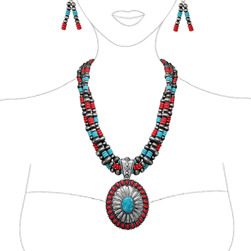 Cowgirl Chic Statement Burnished Silver Howlite Concho Pendant On Multi Strand Western Metallic Pearl Necklace Earrings Set, 20"+3" Extender