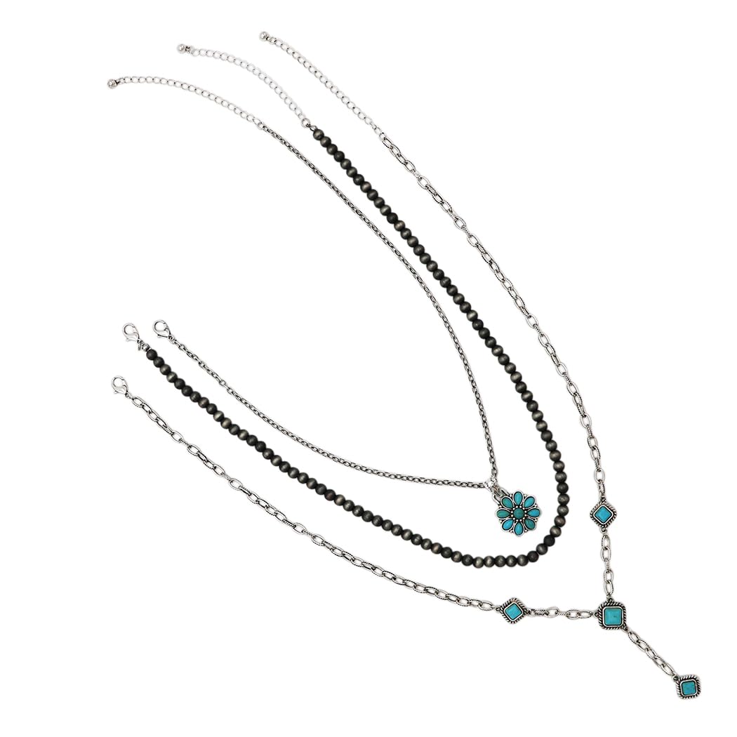Western Layering Necklace Set, Burnished Silver with Turquoise Howlite, 3-Piece Y-Drop, Pendant Necklace and Navajo Pearl, Adjustable 16-24 Inch