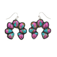 Western Navajo Squash Blossom Dangle Earrings, Turquoise and Pink Print, Silver Beaded Frame, 1.75 x 1.5 Inch