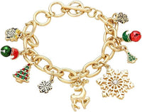 Stylish Christmas Themes With Enamel Holiday Charms On Silver Tone Toggle Clasp Link Bracelet, 7"-8.5" (Gold Tone Bells Trees Snowflakes Reindeer)