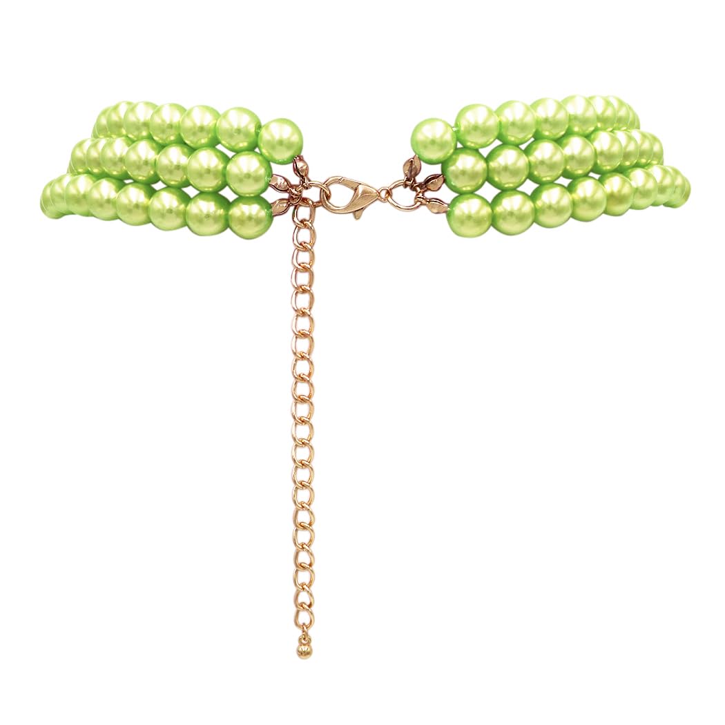 3 Colorful Multi Strands Simulated Pearl Necklace And Earrings Jewelry Gift Set, 18"+3" Extender (Green With Fuchsia Pink Gold Tone)