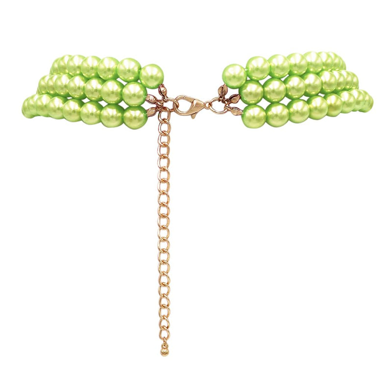 3 Colorful Multi Strands Simulated Pearl Necklace And Earrings Jewelry Gift Set, 18"+3" Extender (Green With Fuchsia Pink Gold Tone)