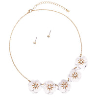 Colorful Powder Coated Flower With Crystal Rhinestone Center Collar Necklace Earrings Set, 15"+3" Extender (5 Flower White)
