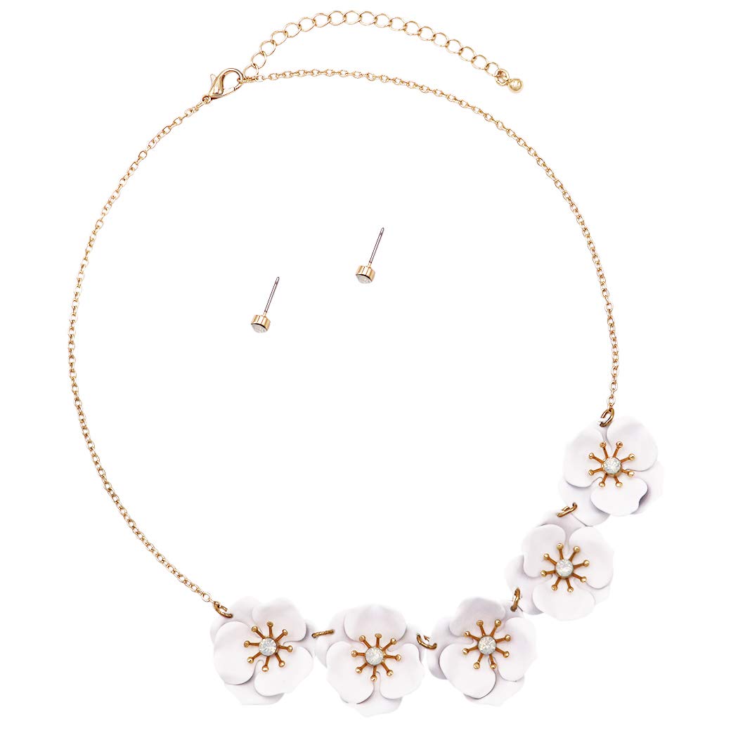 Colorful Powder Coated Flower With Crystal Rhinestone Center Collar Necklace Earrings Set, 15"+3" Extender (5 Flower White)