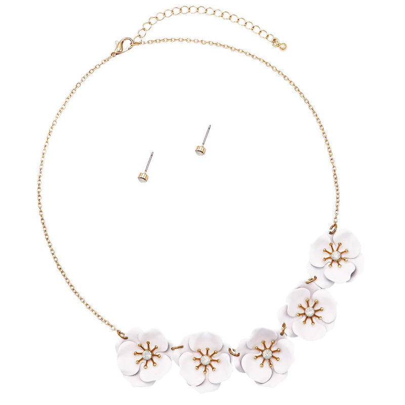 Colorful Powder Coated Flower With Crystal Rhinestone Center Collar Necklace Earrings Set, 15"+3" Extender (5 Flower White)