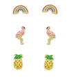 Set Of 3 Tropical Summer Fun Colorful Enamel Fashion Stud Earrings, Rainbow Pink Flamingo Pineapple