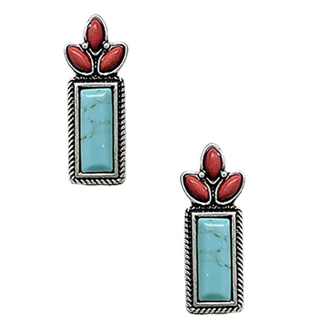Western Style Earrings, Turquoise Howlite and Coral Red Stones, Rectangular Stud Design, 1.18"