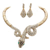Stunning Three Dimensional Gold Tone Statement Crystal Rhinestone Encrusted Serpent Snake Statement Jewelry Pieces (Collar Necklace And Earring Set, 14")