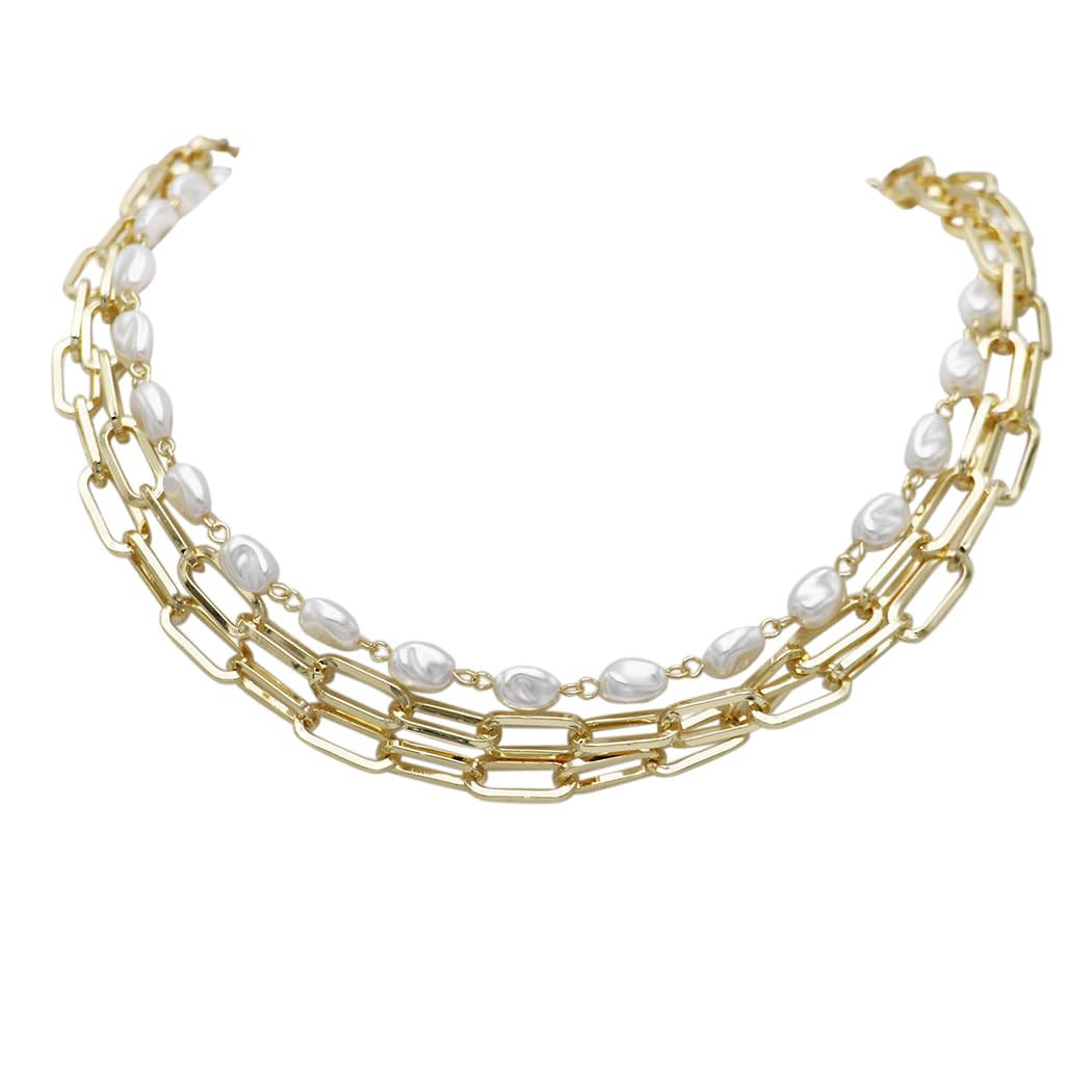 Triple Strand Gold Tone Necklace with Paperclip Chain and Faux Freshwater Pearls, Toggle Clasp, 16-18 Inch