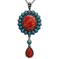 Women’s Cowgirl Chic Western Style Statement Simulated Banded Carnelian Turquoise Howlite Stone Concho Pendant Necklace Earrings Set, 18"+3" Extender