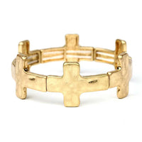 Rosemarie's Religious Gifts Women's Statement Matte Gold And Silver Tones Hammered Cross Charms Stretch Bangle Bracelet, 6.5" (Hammered Cross Gold Tone 20mm)