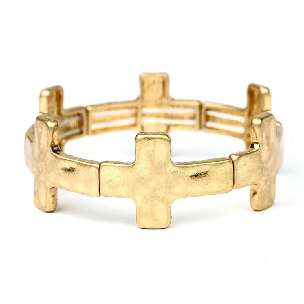Rosemarie's Religious Gifts Women's Statement Matte Gold And Silver Tones Hammered Cross Charms Stretch Bangle Bracelet, 6.5" (Hammered Cross Gold Tone 20mm)