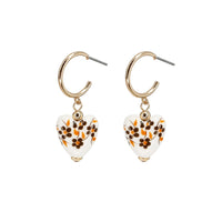 Floral Heart Dangle Earrings, Gold Tone Hoops with White Ceramic Hearts, Brown and Orange Flower Pattern 1.5 inch