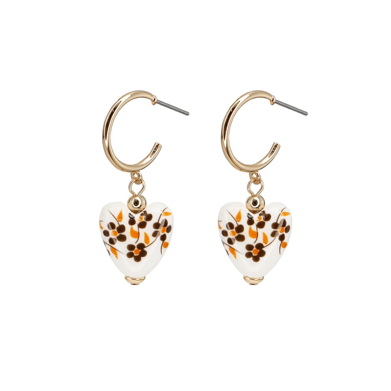 Floral Heart Dangle Earrings, Gold Tone Hoops with White Ceramic Hearts, Brown and Orange Flower Pattern 1.5 inch
