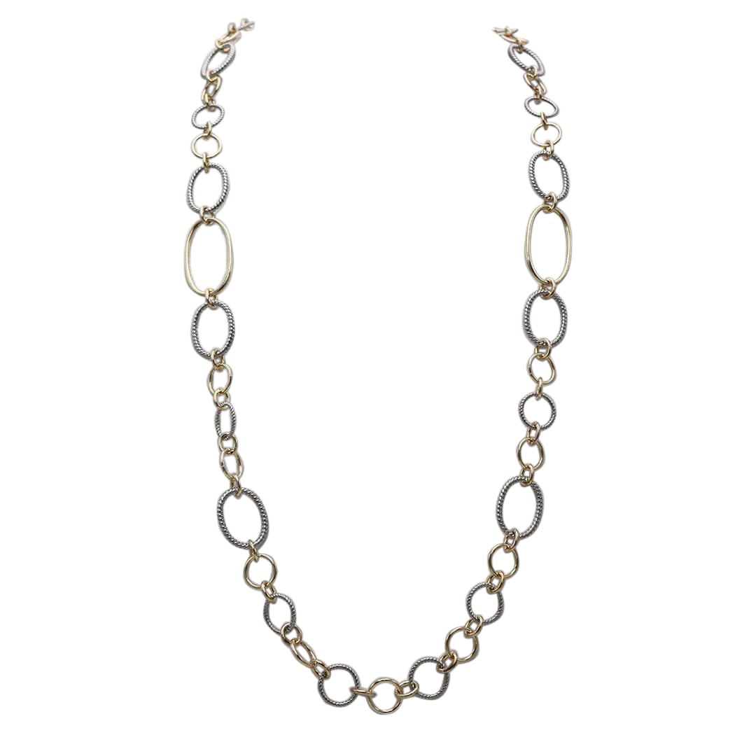 Two Tone Chain Necklace, Silver and Gold, Metal Alloy, 36 Inch Long, Textured Cable Link with Toggle Clasp