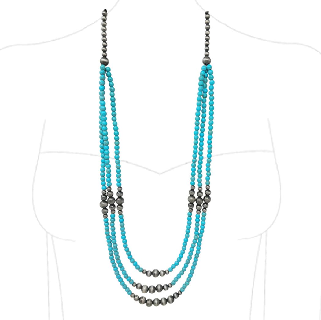Southwestern Style Three-Strand Turquoise Howlite and Sonic Silver Bead Necklace, Traditional Native American Inspired Design