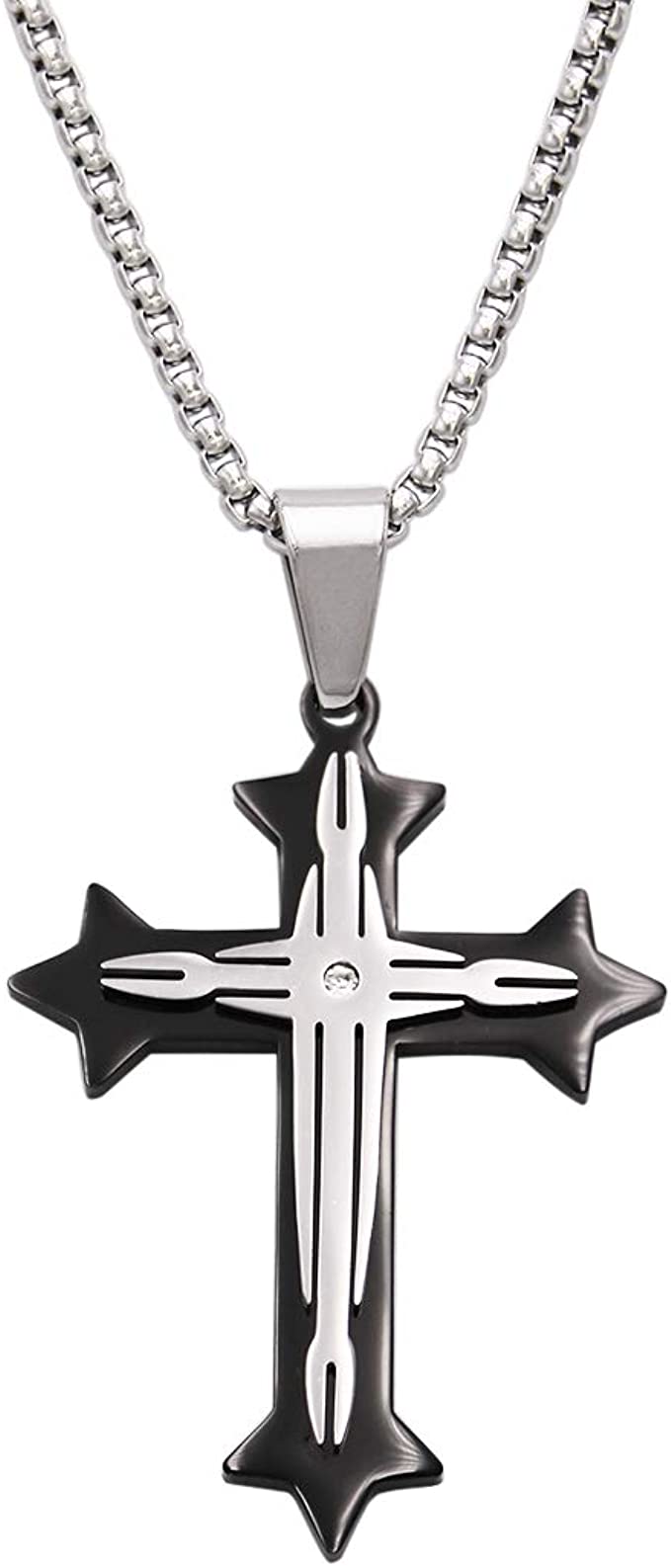 Men's Stainless Steel Gothic Inspired Budded Religious Christian Cross Pendant Necklace, 25